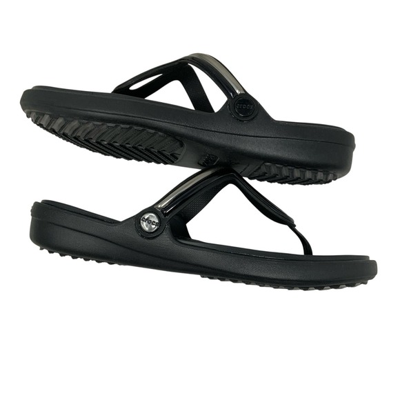 Crocs Womens Sanrah Block Flip Flop Sandals Size 11 Casual Beach Black Silver - Picture 2 of 15